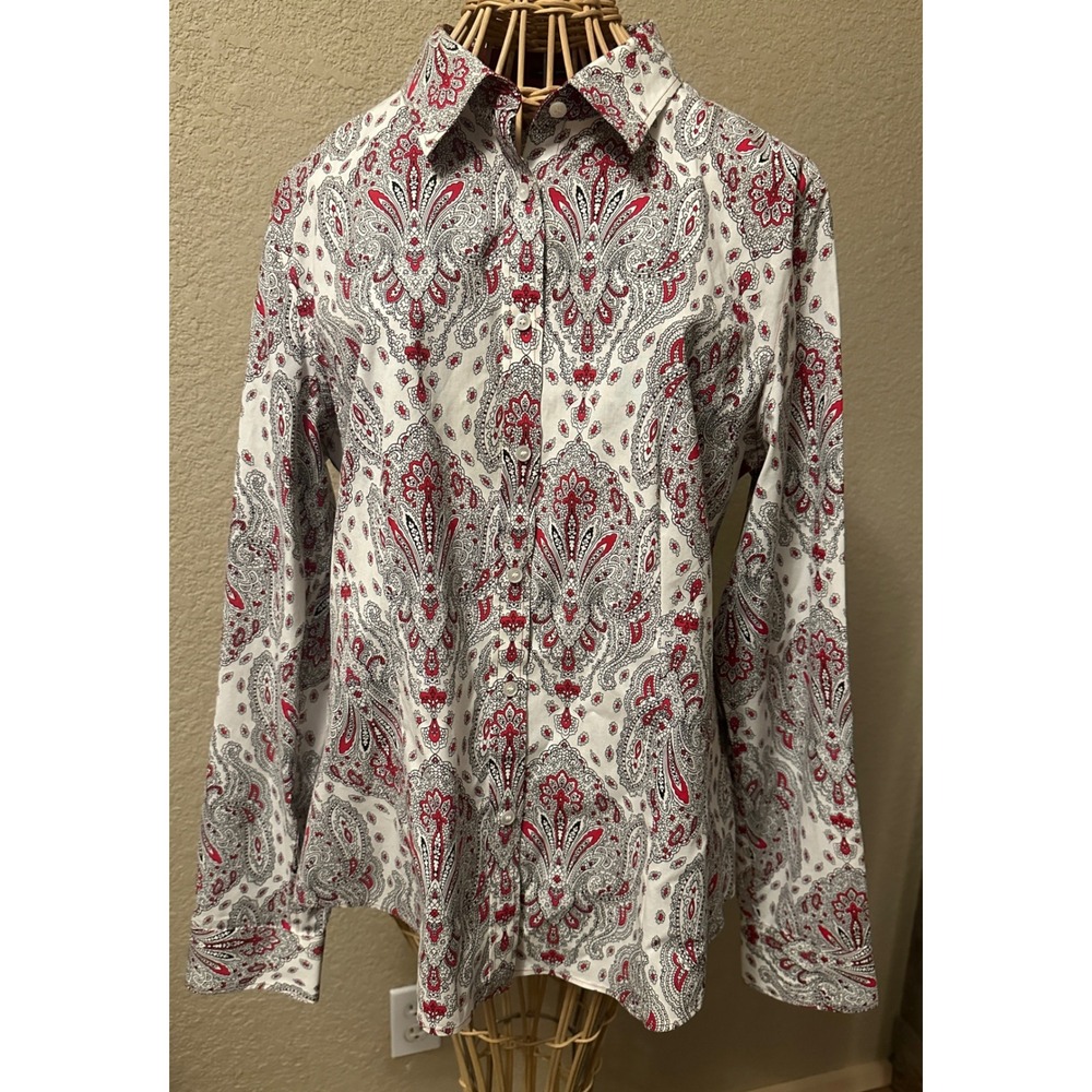 Talbots Womens Red Black Paisley Wrinkle Resistant Button Down Shirt 14‎ Career